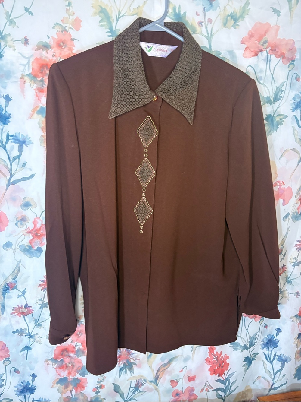 Vintage Women's Brown Long-Sleeve Embellished Button Front Top